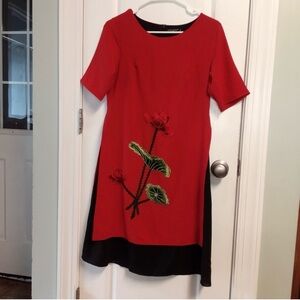 Zara Red and Black Floral Embroidery Rose Midi Dress